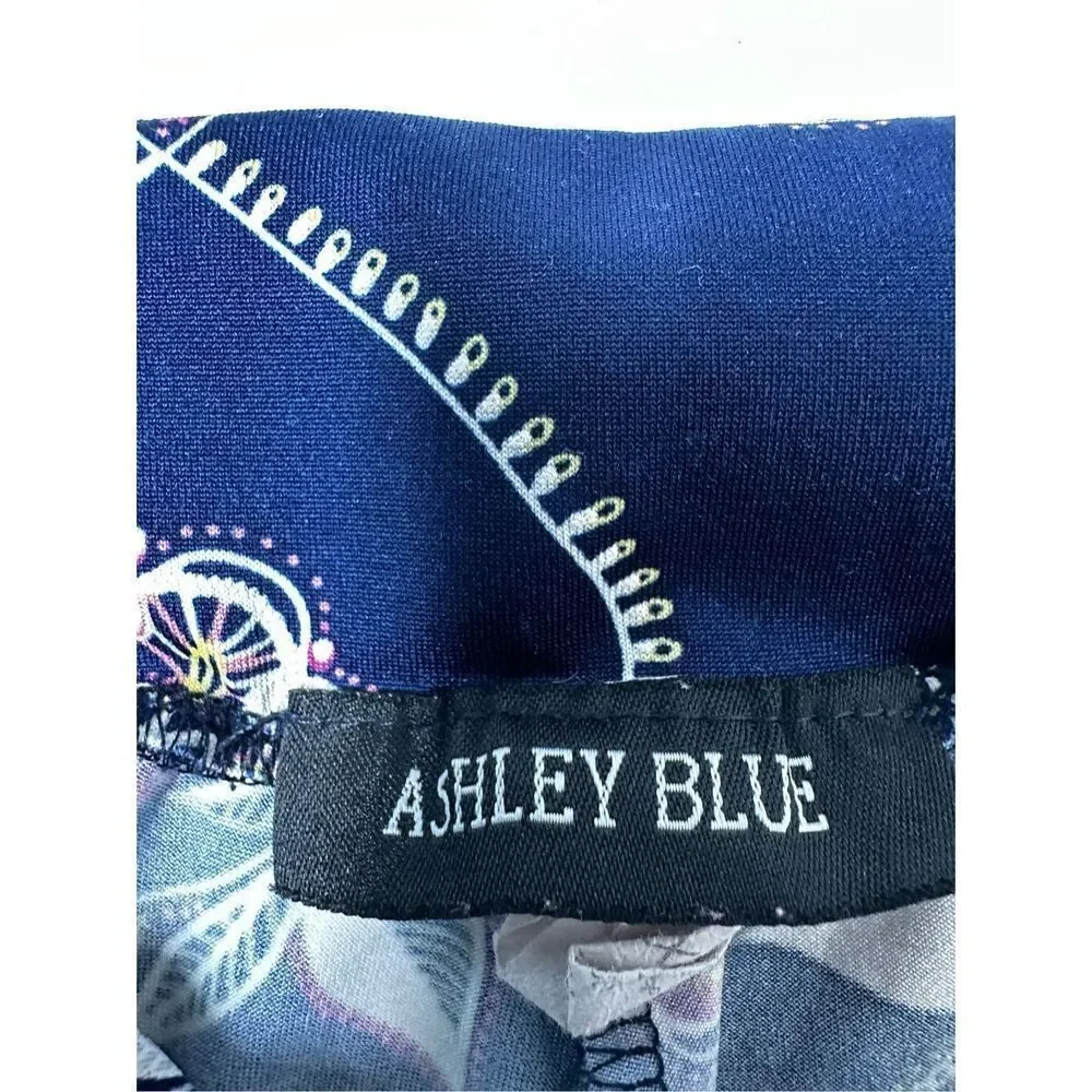 Ashley Blue Elastic Waist Boho Casual Pant Floral Print Size XL Navy Blue White